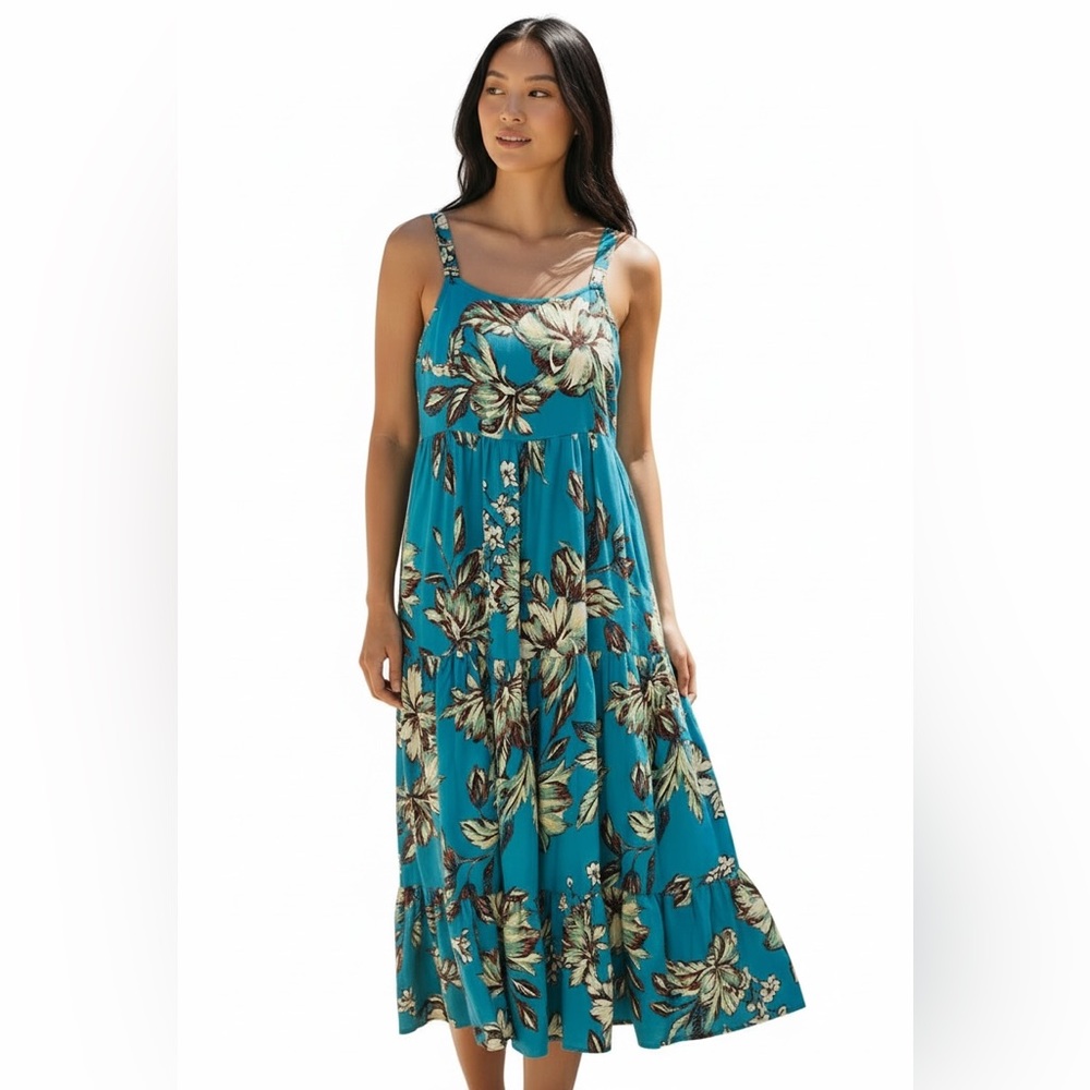 LAND OF THE FREE aqua tropical floral print maxi sundress size Small